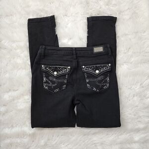 EARL SKINNY FIT MID RISE SEQUIN AND RHINESTONE DETAIL  BLACK JEANS SIZE 6